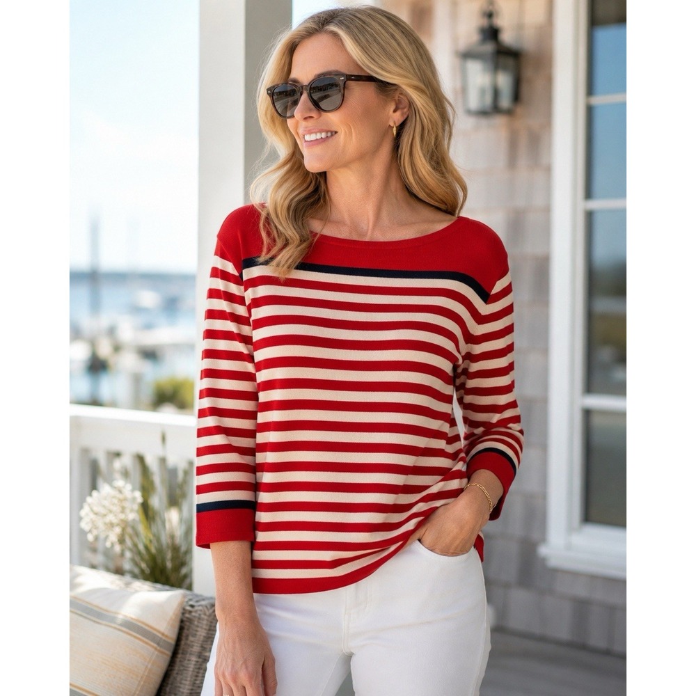 Pendelton Pullover Top L Silk Blend Knit Breton Stripe Boat Neck Red 3/4 Slv